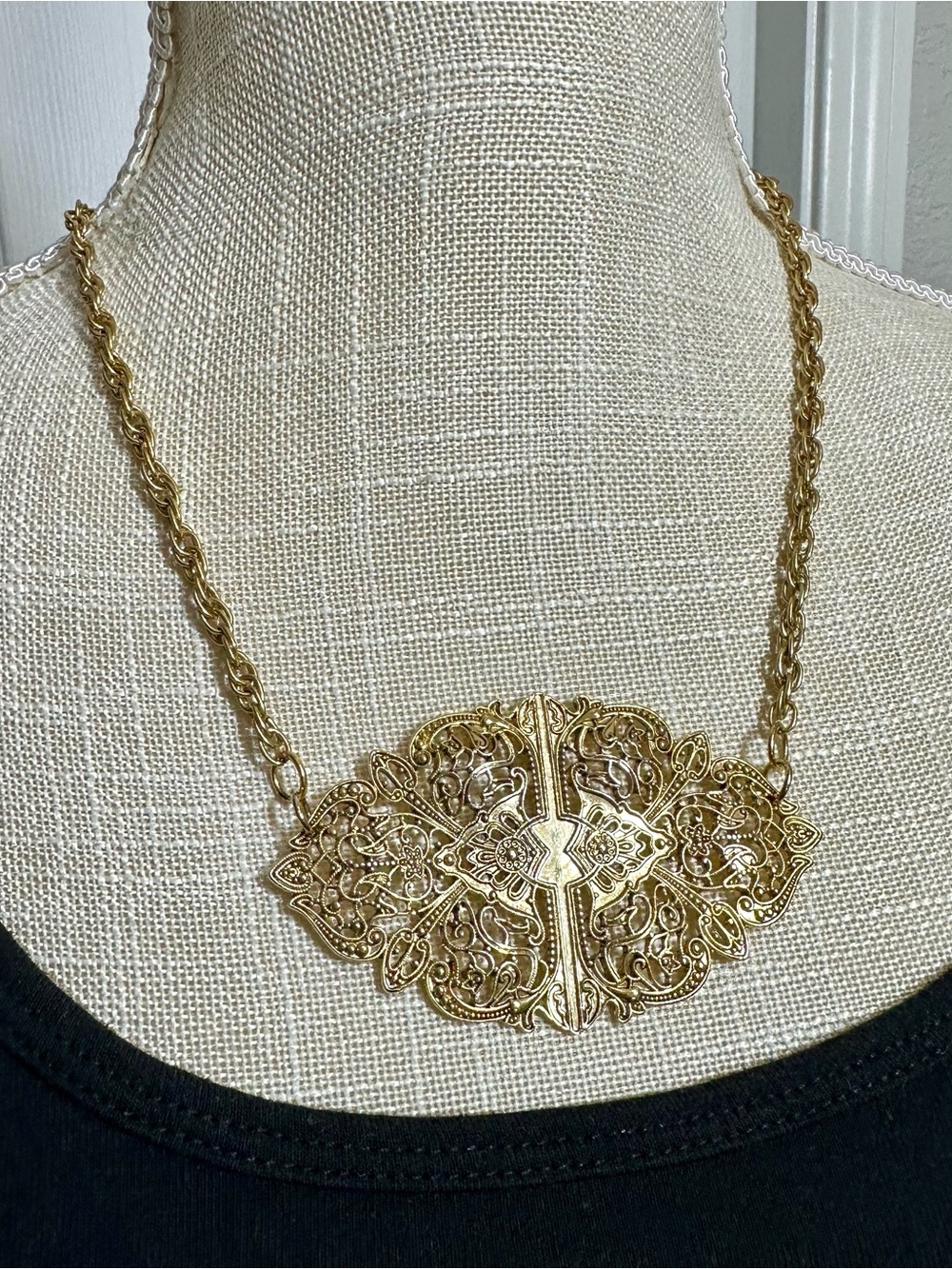 Vintage MCM Gold Ornate Filigree Necklace - Women's Statement Jewelry